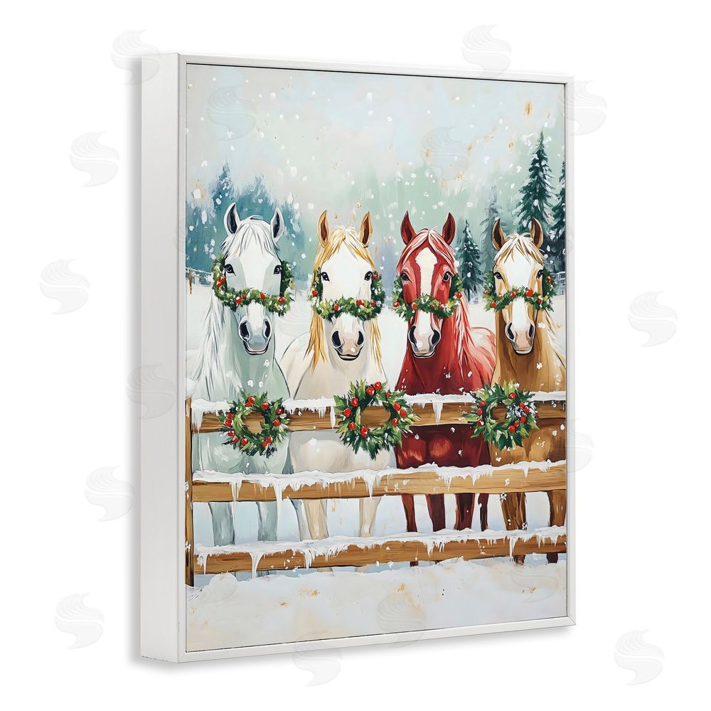 The Prints Vibe Christmas Horses with Holly Wreaths White Framed Giclee Wall Art Print