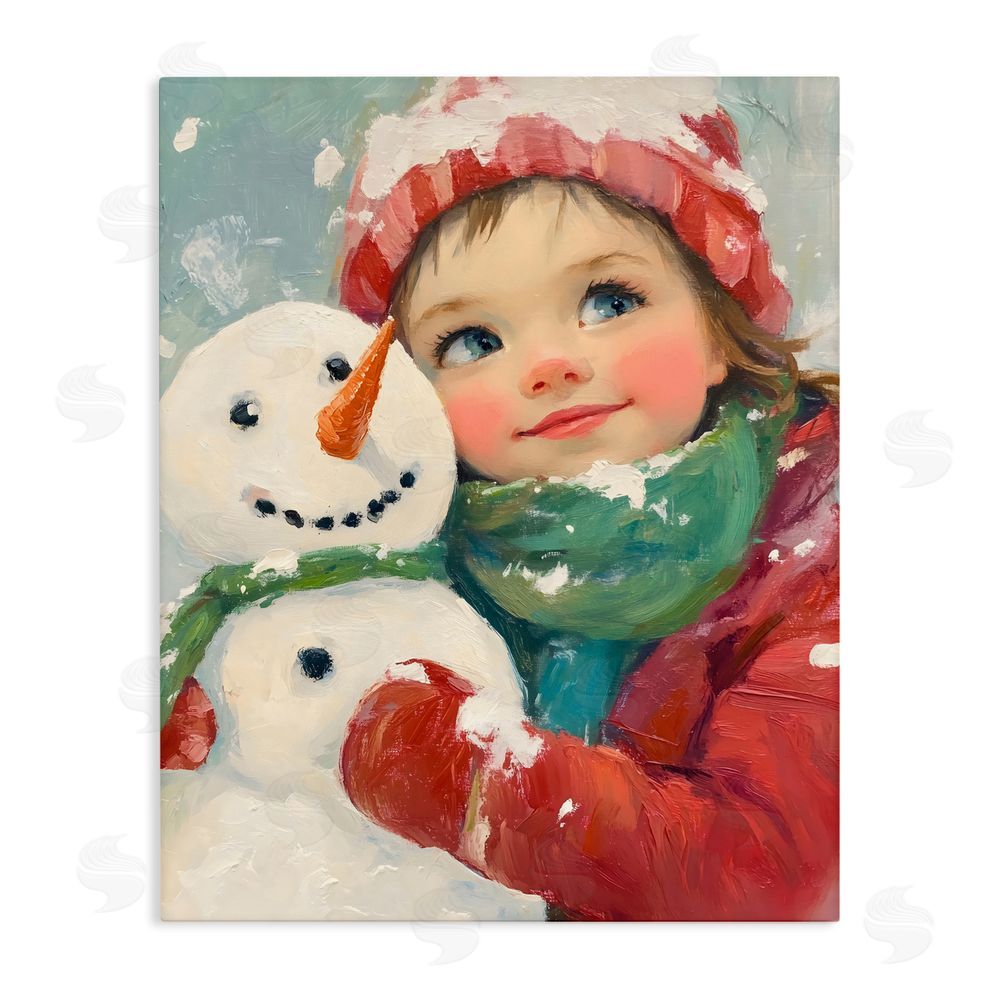 The Prints Vibe Christmas Girl & Snowman Embrace Stretched Canvas Wall Art