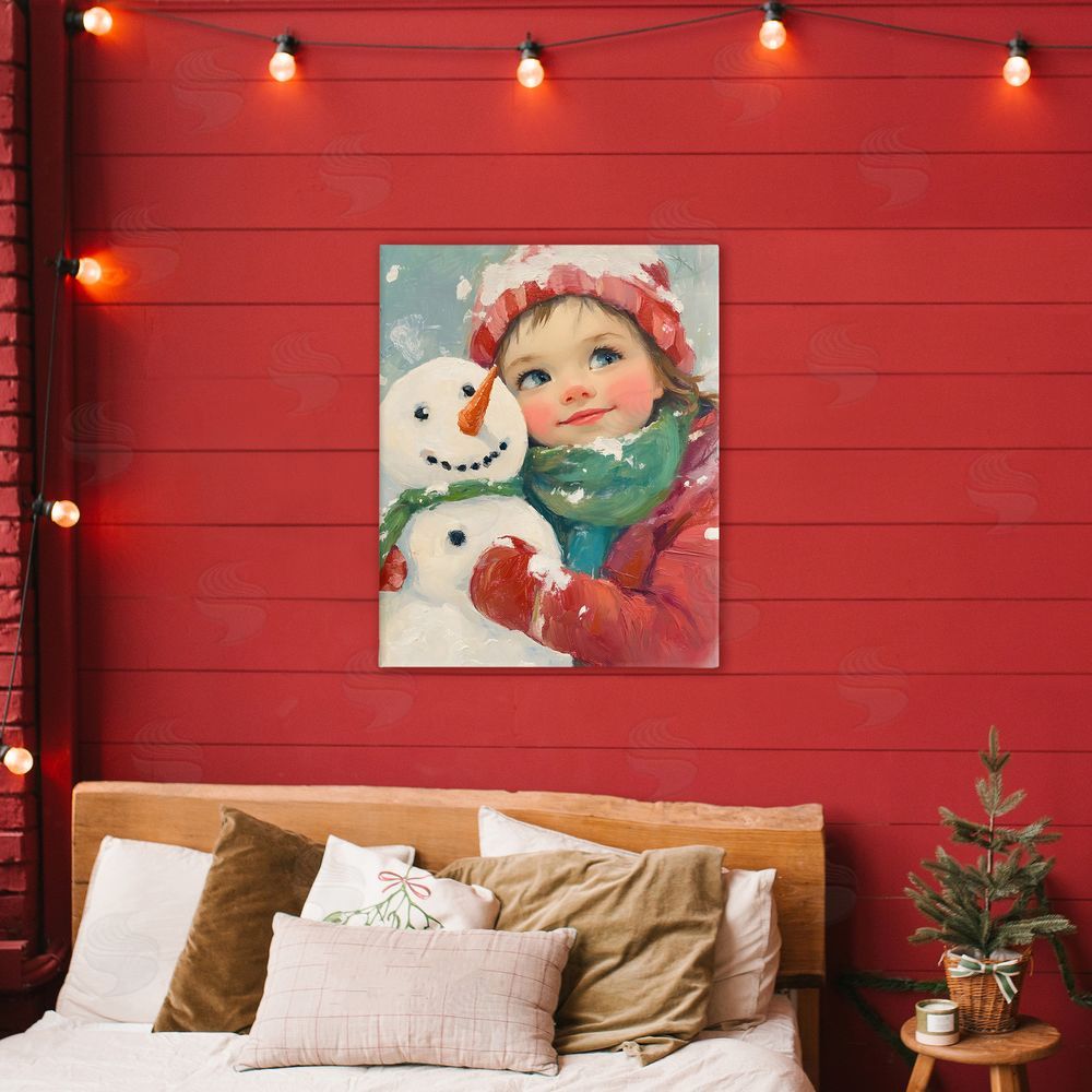 The Prints Vibe Christmas Girl & Snowman Embrace Stretched Canvas Wall Art in Room