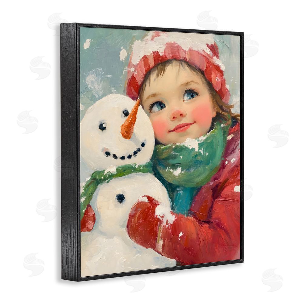The Prints Vibe Christmas Girl & Snowman Embrace Black Framed Giclee Wall Art Print