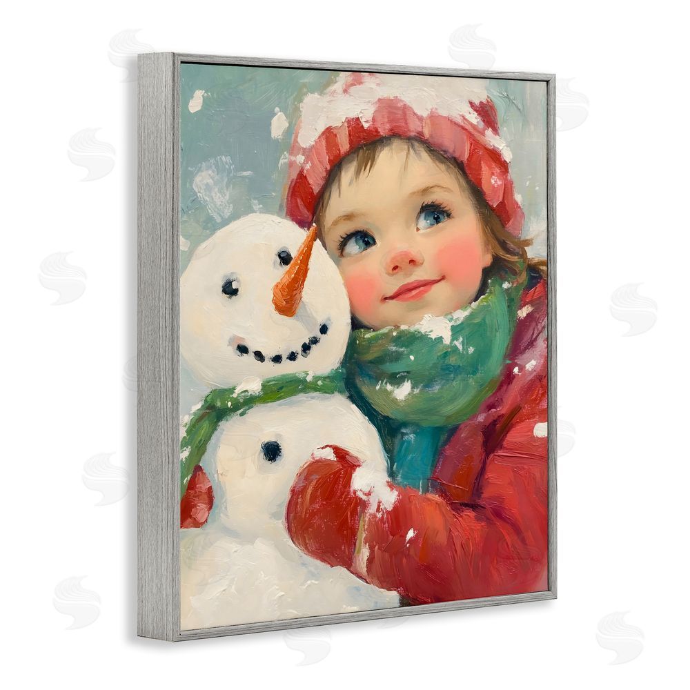 The Prints Vibe Christmas Girl & Snowman Embrace Gray Framed Giclee Wall Art Print