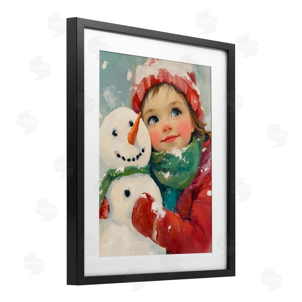 The Prints Vibe Christmas Girl & Snowman Embrace Black Framed Print Under Glass Wall Art