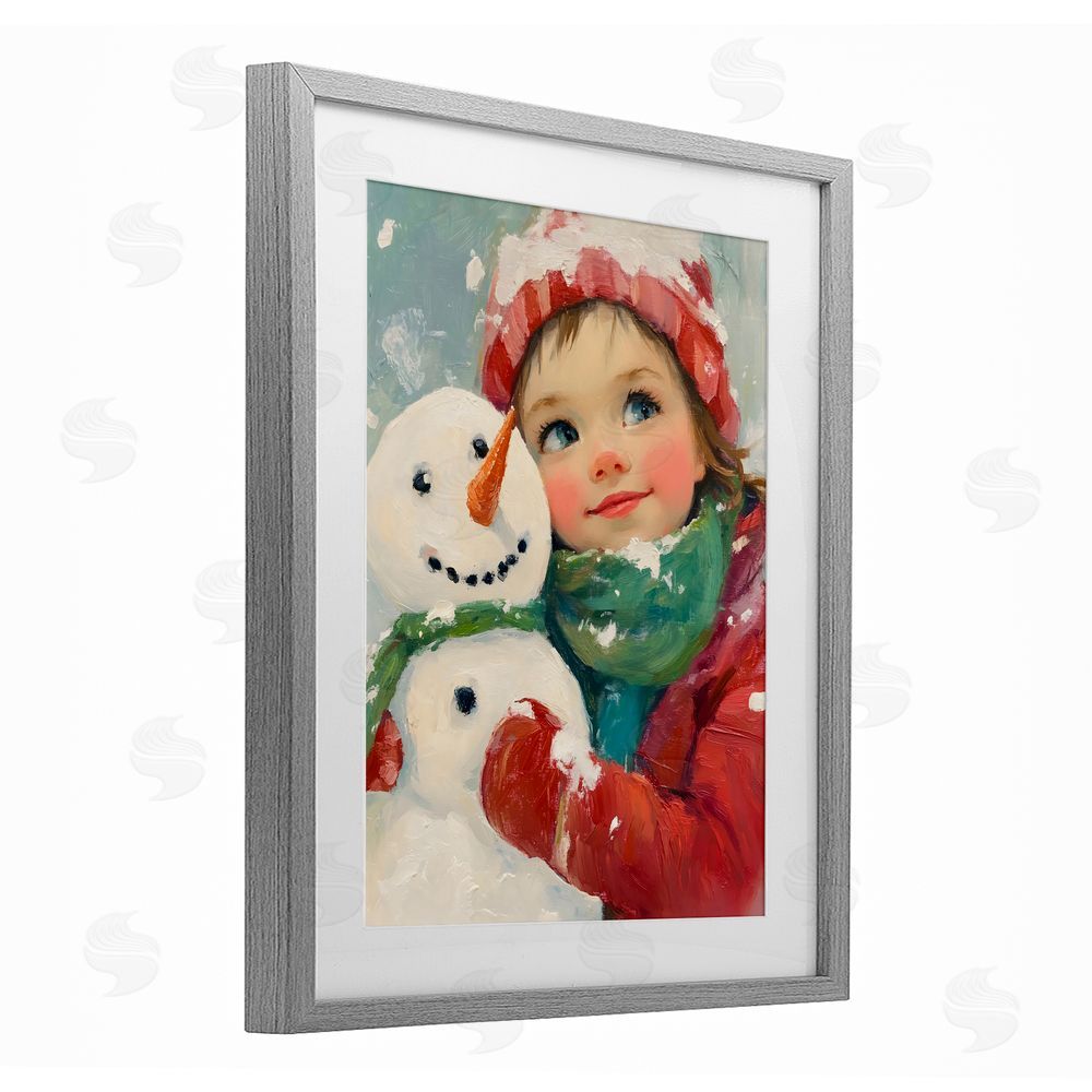 The Prints Vibe Christmas Girl & Snowman Embrace Gray Framed Print Under Glass Wall Art