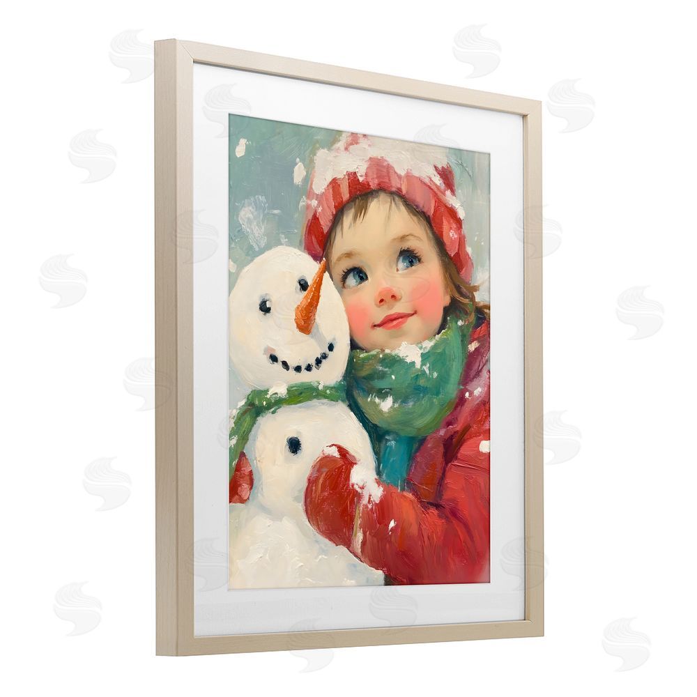 The Prints Vibe Christmas Girl & Snowman Embrace Brown Framed Print Under Glass Wall Art