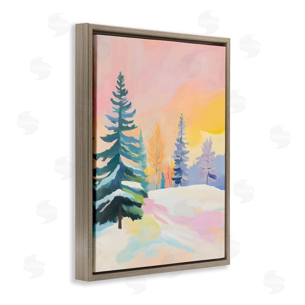 The Prints Vibe Winter Forest Snowscape in Pastels Brown Floating Framed Canvas Wall Art Print