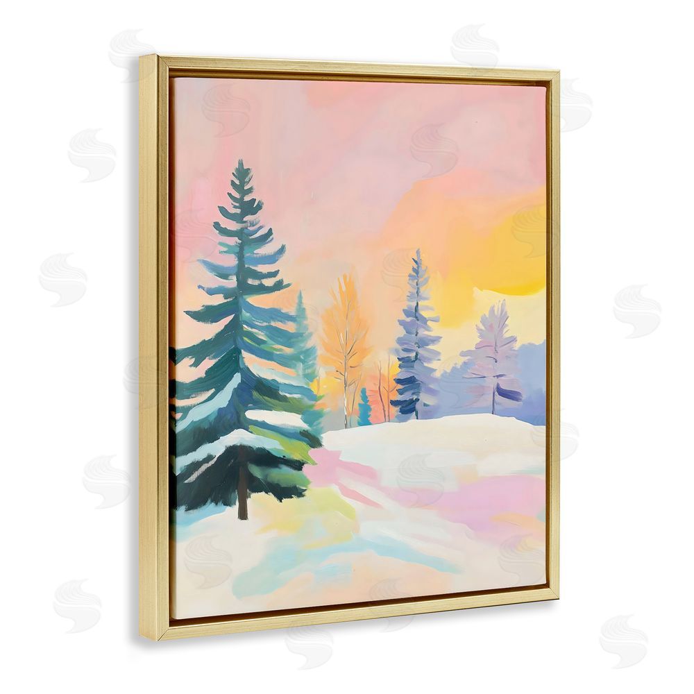 The Prints Vibe Winter Forest Snowscape in Pastels Gold Floating Framed Canvas Wall Art Print