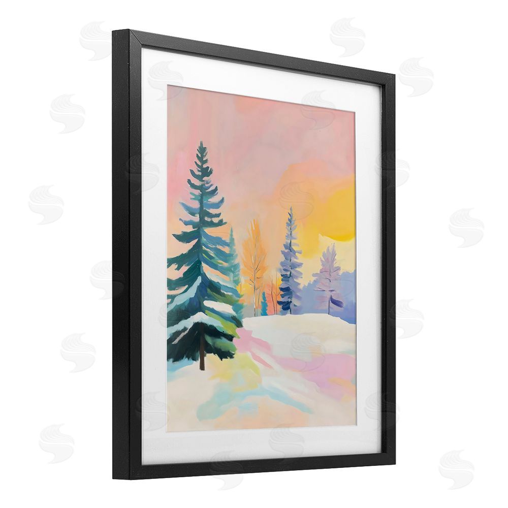 The Prints Vibe Winter Forest Snowscape in Pastels Black Framed Print Under Glass with White Mat Wall Art