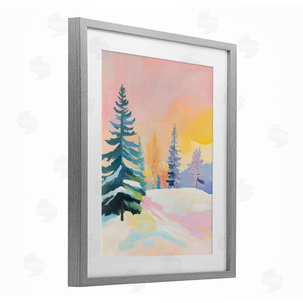 The Prints Vibe Winter Forest Snowscape in Pastels Gray Framed Print Under Glass with White Mat Wall Art