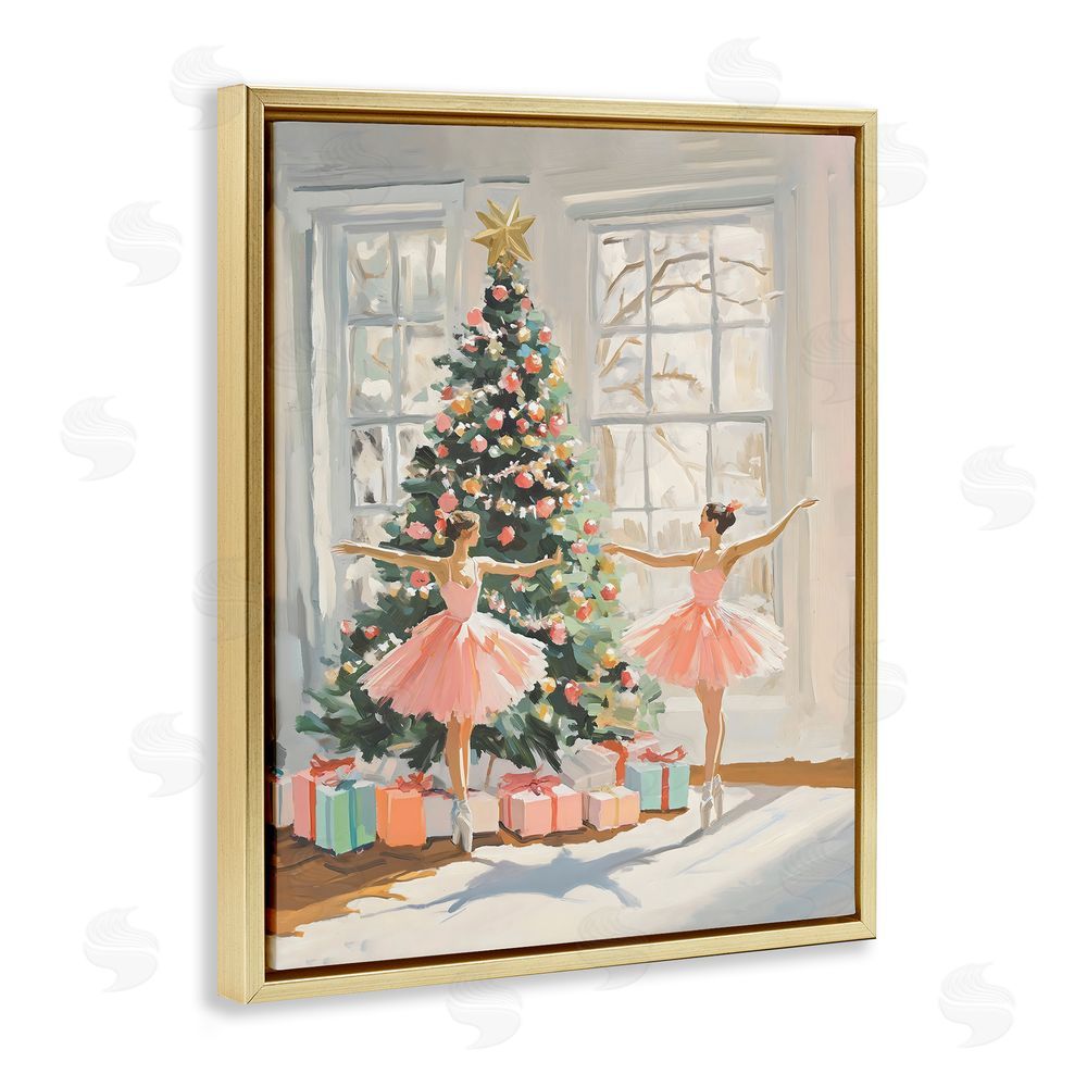 The Prints Vibe Christmas Ballerinas by the Tree Gold Floating Frame Canvas Wall Art Print