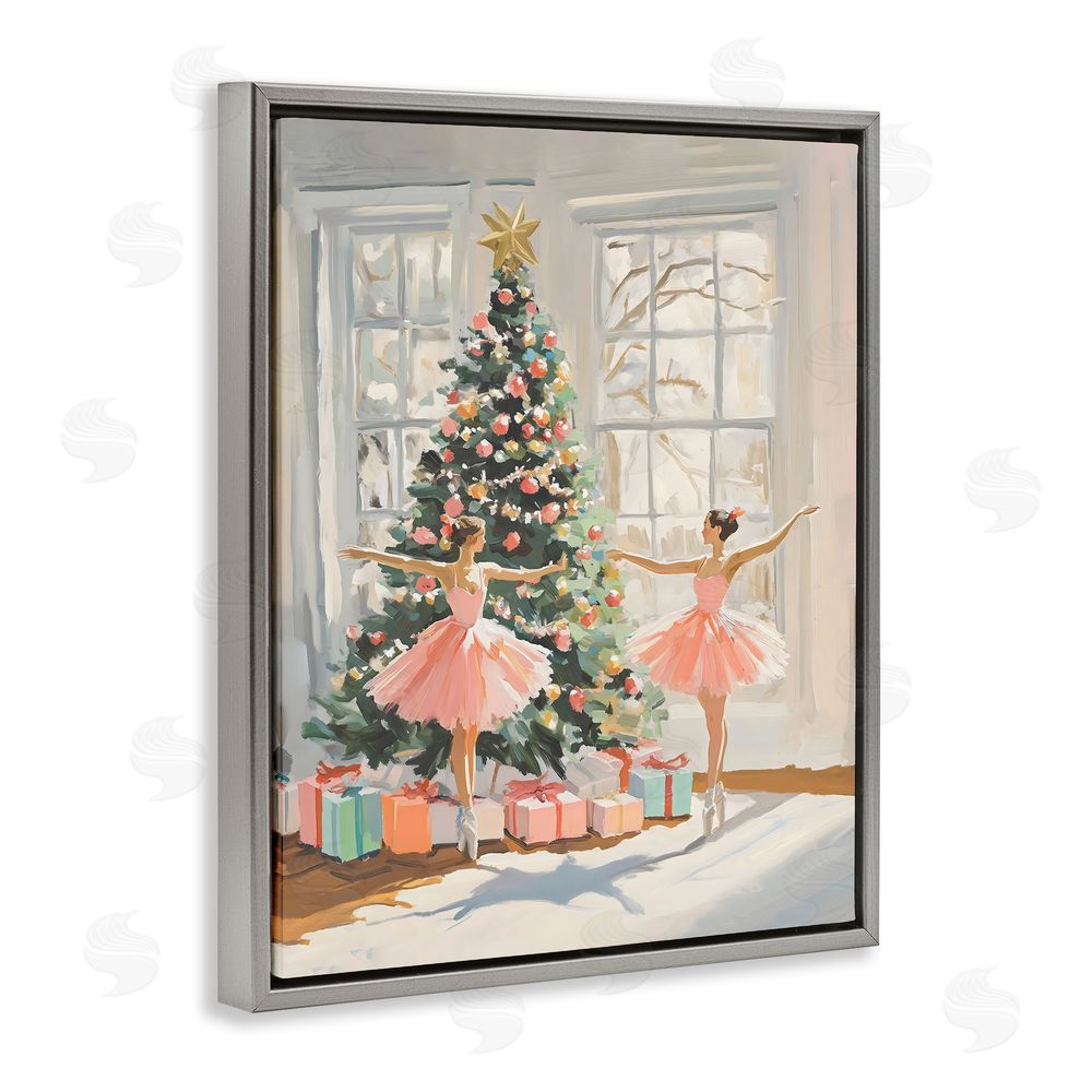 The Prints Vibe Christmas Ballerinas by the Tree Gray Floating Frame Canvas Wall Art Print