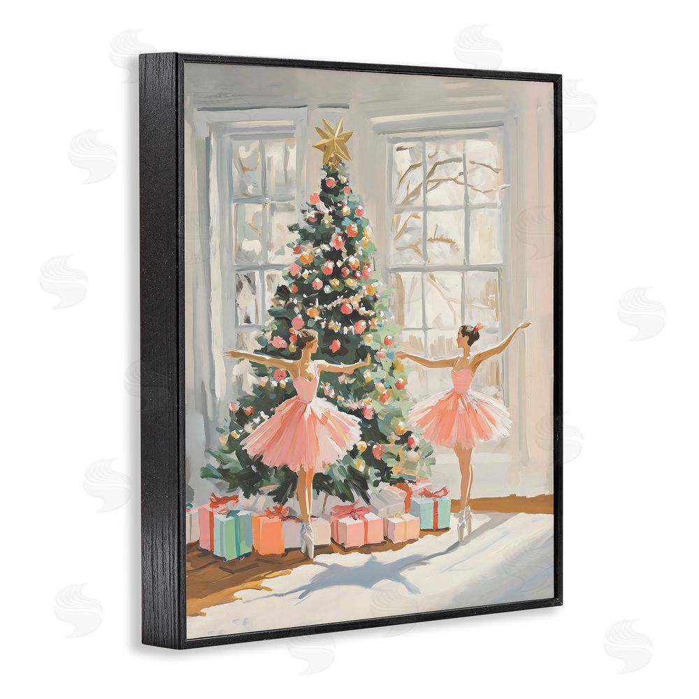 The Prints Vibe Christmas Ballerinas by the Tree Black Framed Giclee Wall Art Print