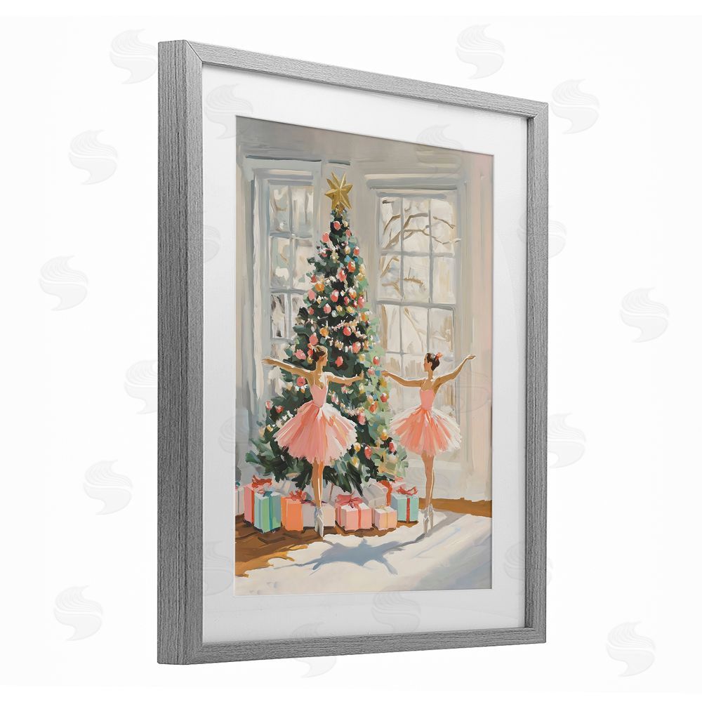The Prints Vibe Christmas Ballerinas by the Tree Gray Framed Print Under Glass Wall Art