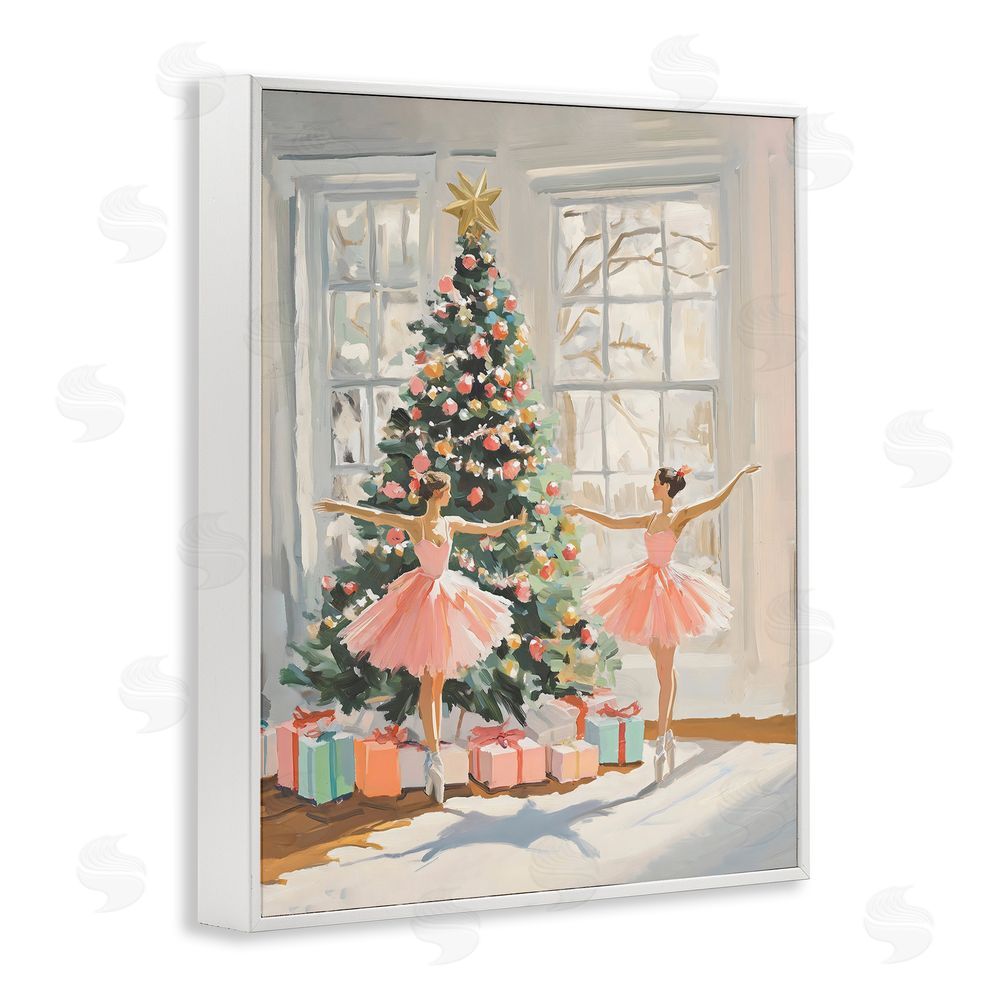 The Prints Vibe Christmas Ballerinas by the Tree White Framed Giclee Wall Art Print