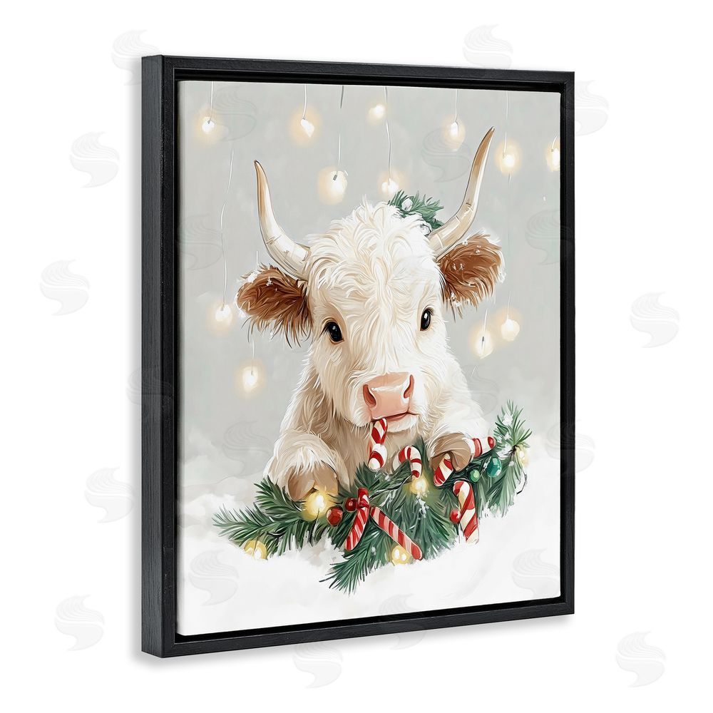 The Prints Vibe Christmas Cattle & Candy Canes Black Floating Frame Canvas Wall Art Print