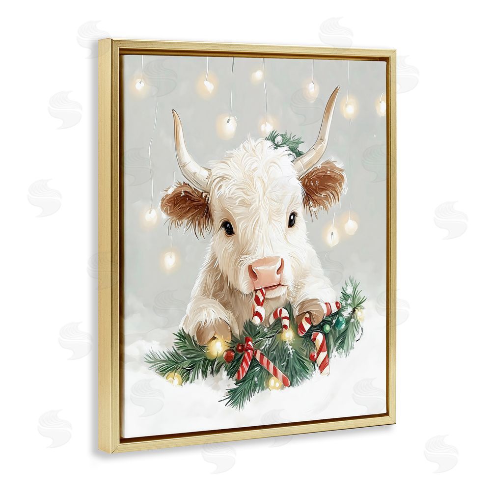 The Prints Vibe Christmas Cattle & Candy Canes Gold Floating Frame Canvas Wall Art Print
