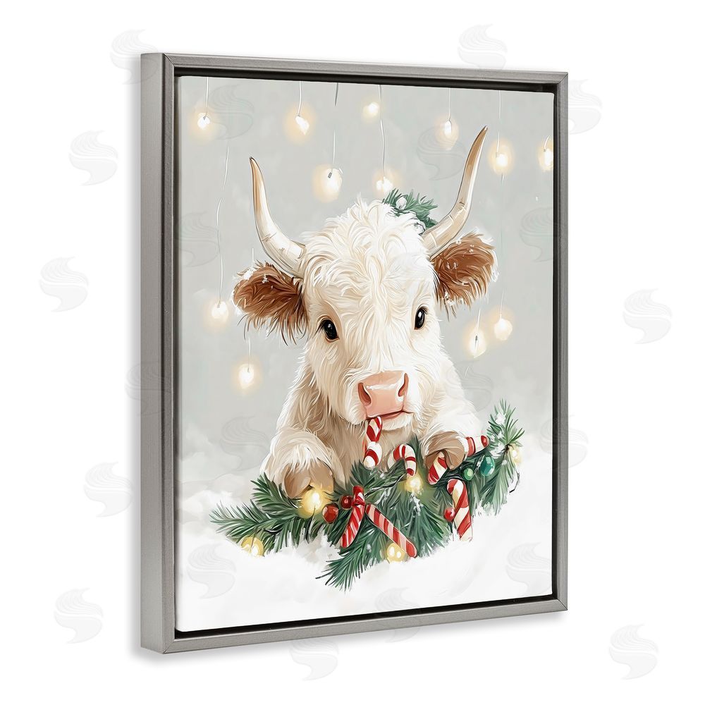 The Prints Vibe Christmas Cattle & Candy Canes Gray Floating Frame Canvas Wall Art Print