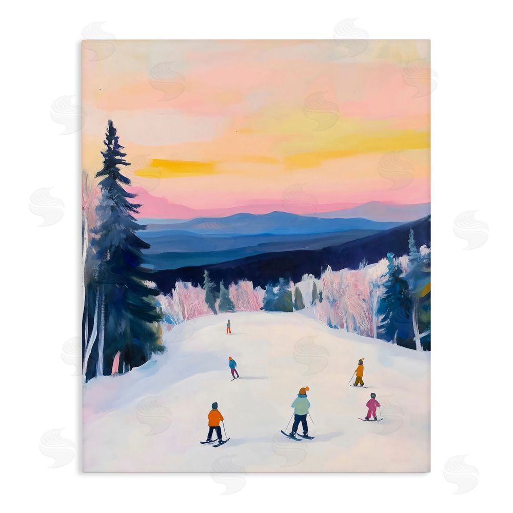 The Prints Vibe Snowy Mountain Skiers at Sunset Stretched Canvas Wall Art Print