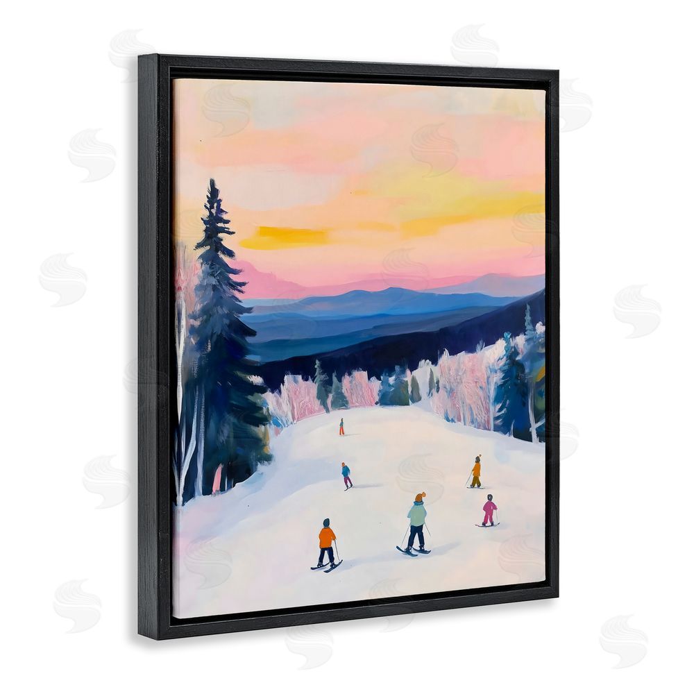 The Prints Vibe Snowy Mountain Skiers at Sunset Black Floating Framed Canvas Wall Art Print