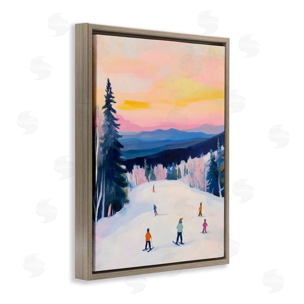 The Prints Vibe Snowy Mountain Skiers at Sunset Brown Floating Framed Canvas Wall Art Print