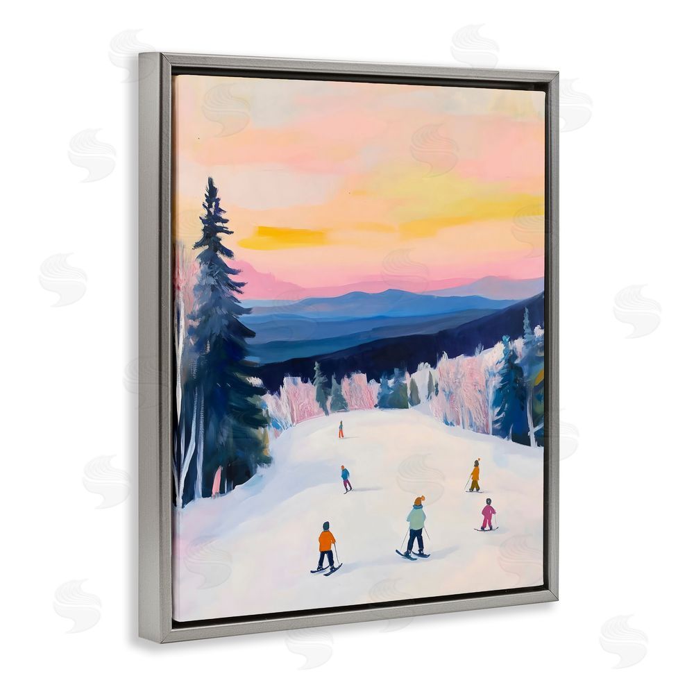 The Prints Vibe Snowy Mountain Skiers at Sunset Gray Floating Framed Canvas Wall Art Print