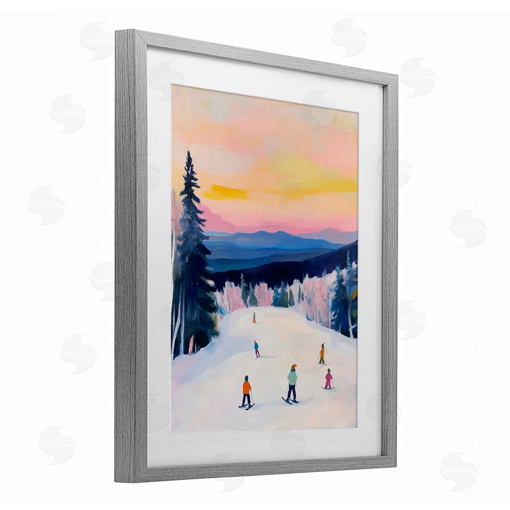 The Prints Vibe Snowy Mountain Skiers at Sunset Gray Framed Print Under Glass with White Mat Wall Art