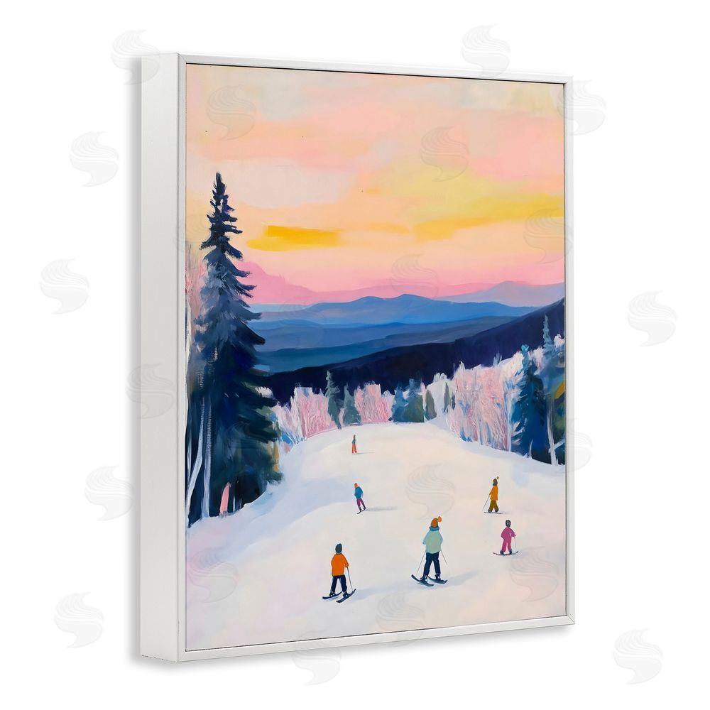 The Prints Vibe Snowy Mountain Skiers at Sunset White Framed Giclee Wall Art Print