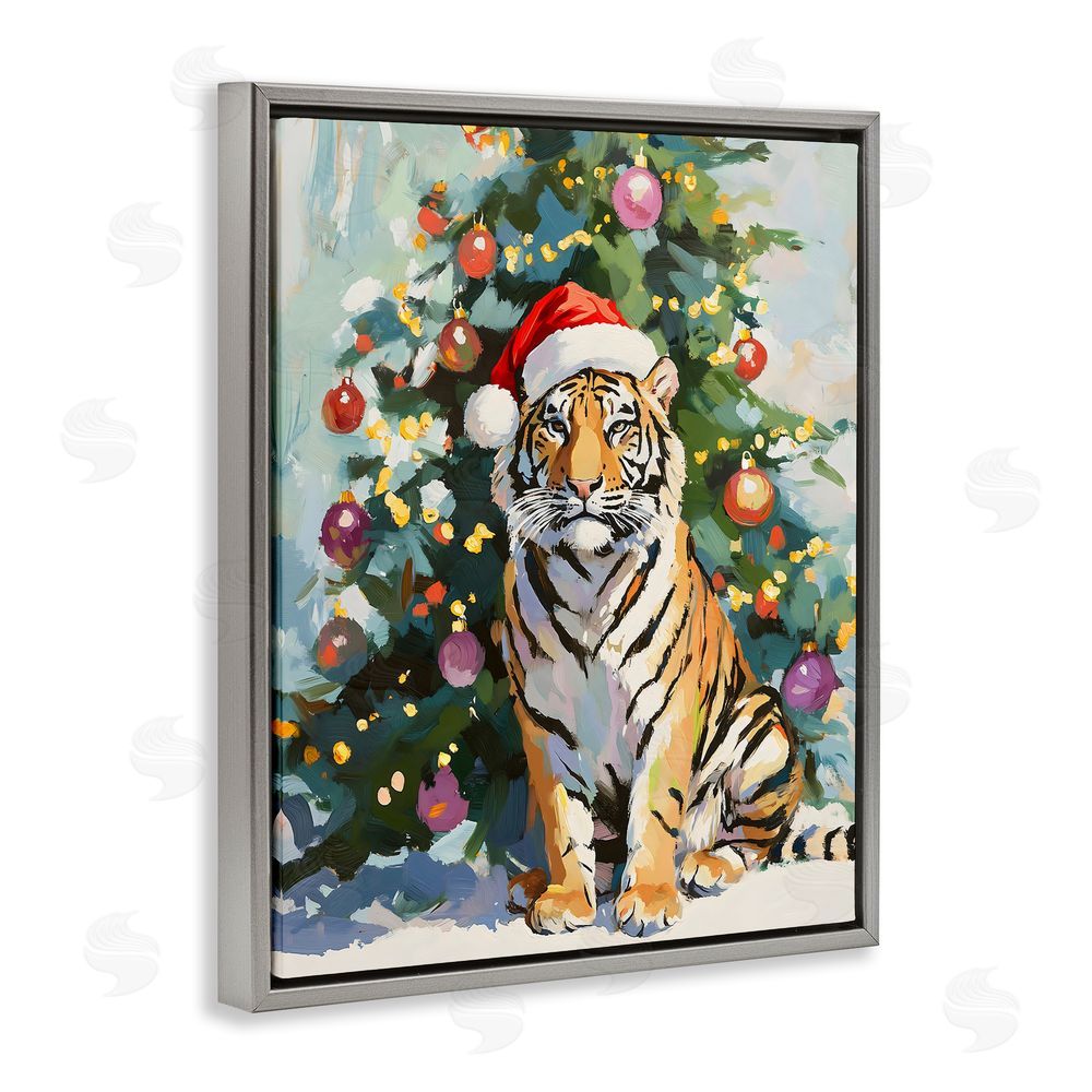 The Prints Vibe Christmas Tiger with Santa Hat Gray Floating Frame Canvas Wall Art Print