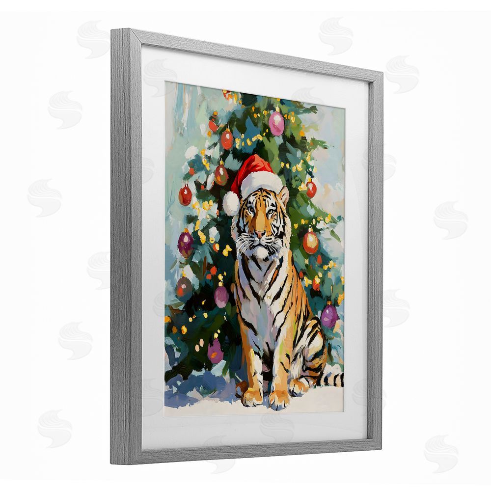 The Prints Vibe Christmas Tiger with Santa Hat Gray Framed Print Under Glass Wall Art