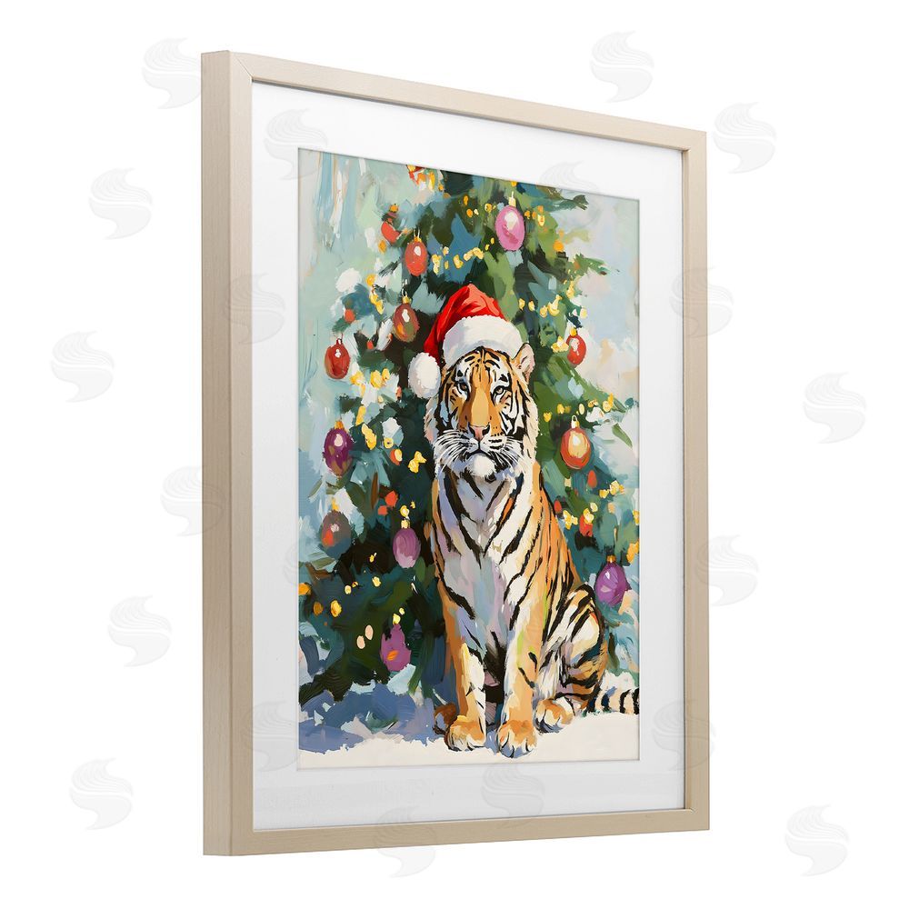 The Prints Vibe Christmas Tiger with Santa Hat Brown Framed Print Under Glass Wall Art