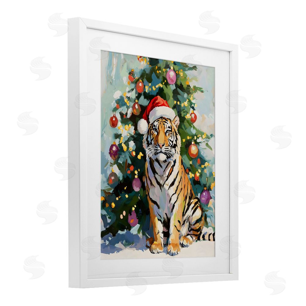 The Prints Vibe Christmas Tiger with Santa Hat White Framed Print Under Glass Wall Art