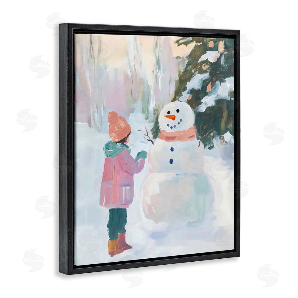 The Prints Vibe Girl & Snowman in Winter Black Floating Framed Canvas Wall Art