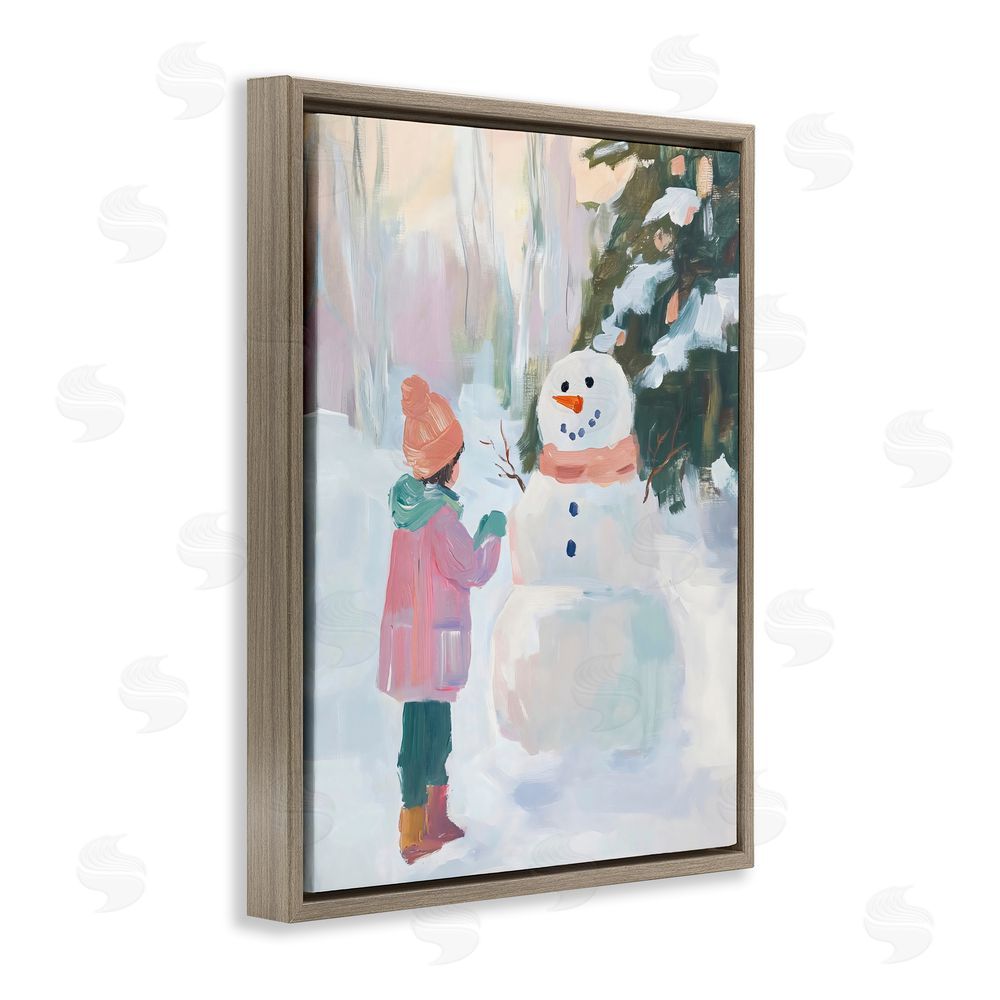 The Prints Vibe Girl & Snowman in Winter Brown Floating Framed Canvas Wall Art