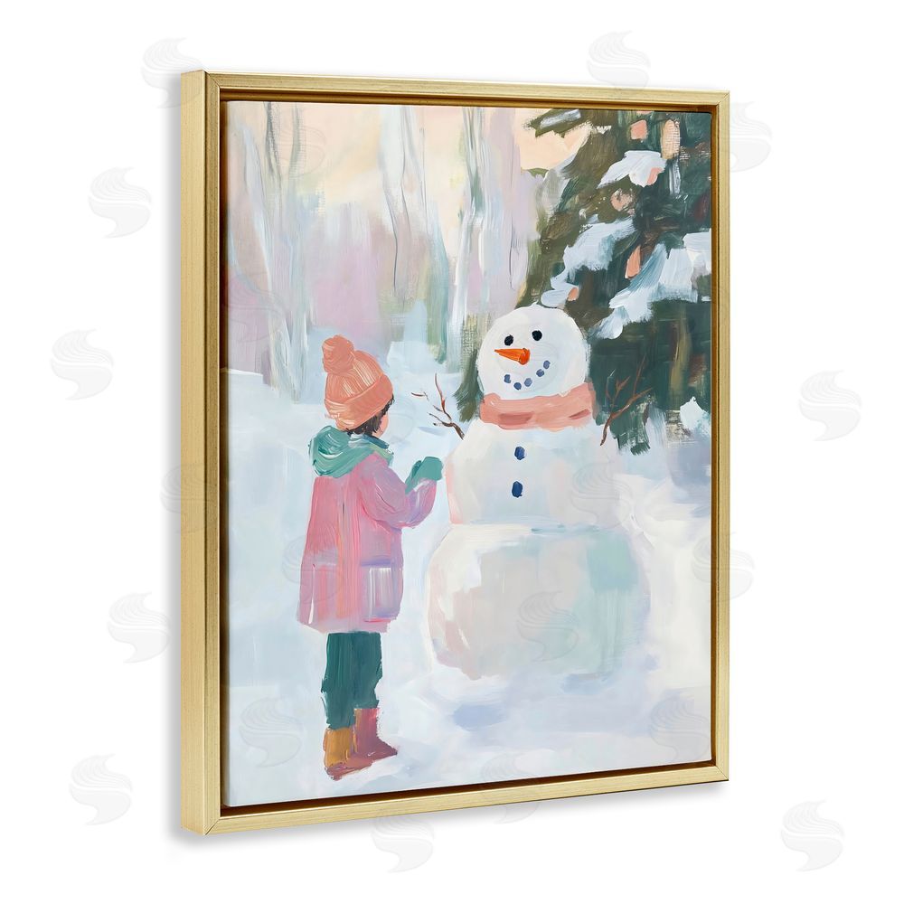The Prints Vibe Girl & Snowman in Winter Gold Floating Framed Canvas Wall Art