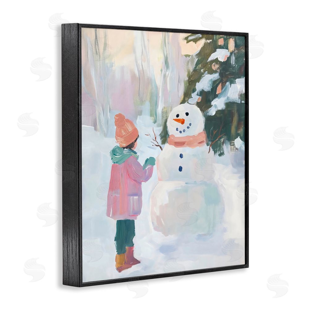 The Prints Vibe Girl & Snowman in Winter Black Framed Giclee Wall Art