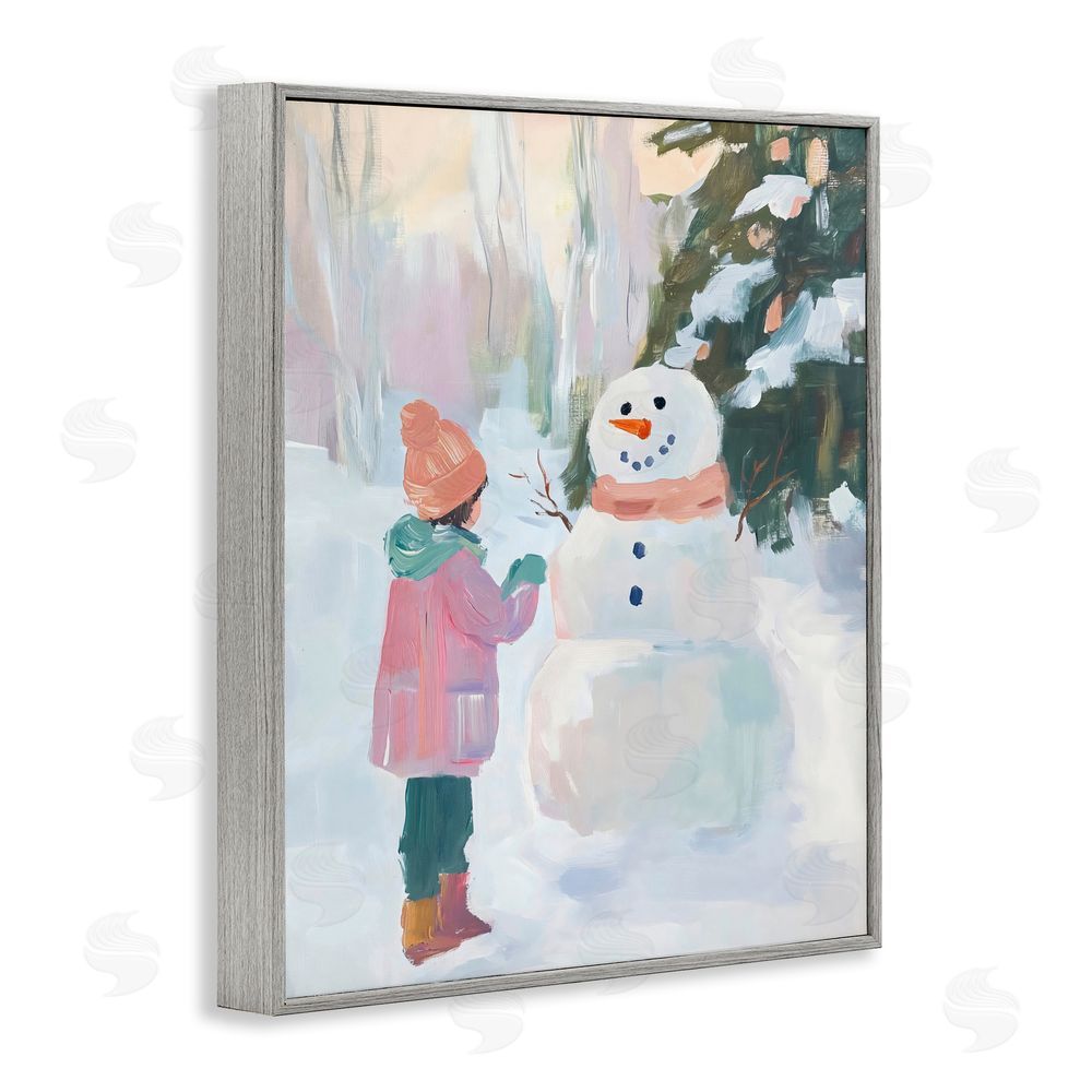 The Prints Vibe Girl & Snowman in Winter Gray Framed Giclee Wall Art
