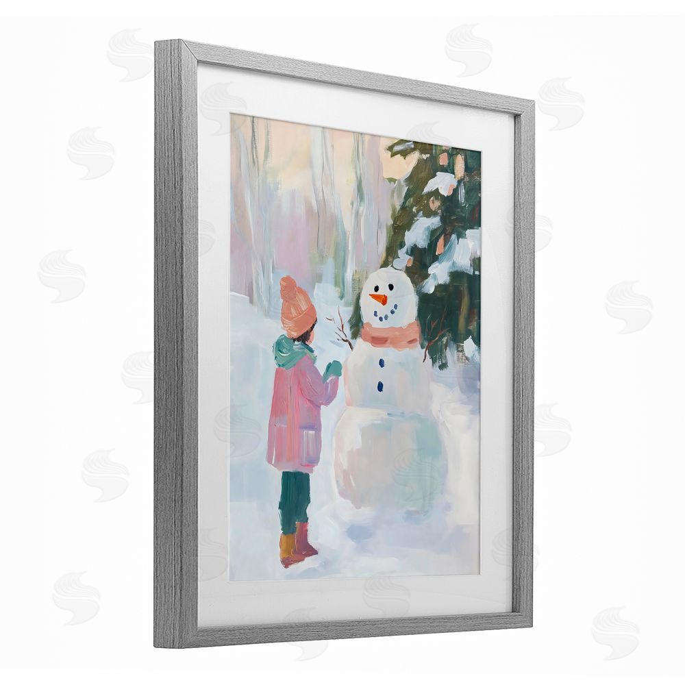 The Prints Vibe Girl & Snowman in Winter Gray Framed Print Under Glass Wall Art