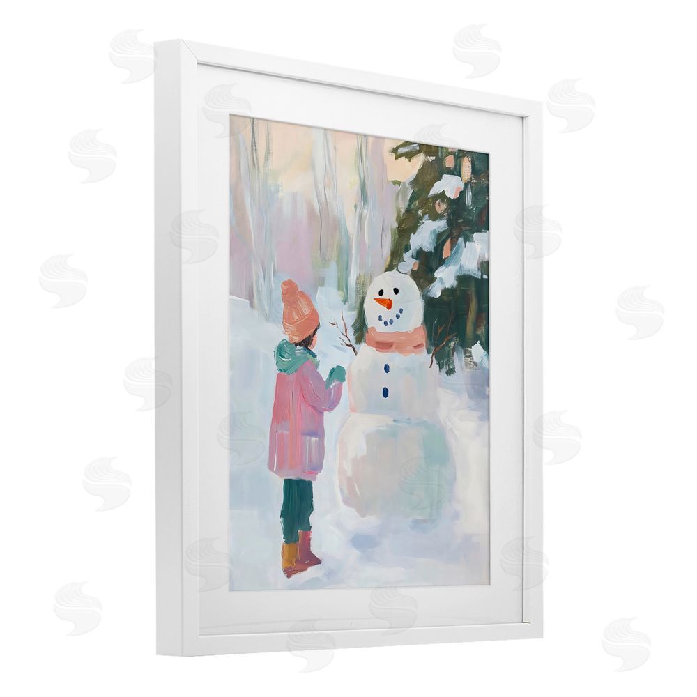 The Prints Vibe Girl & Snowman in Winter White Framed Print Under Glass Wall Art