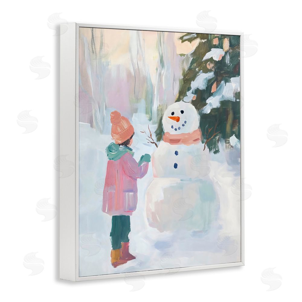 The Prints Vibe Girl & Snowman in Winter White Framed Giclee Wall Art