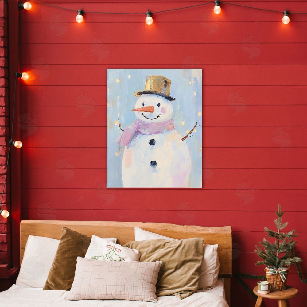 The Prints Vibe Cheerful Pastel Snowman Stretched Canvas Wall Art Print in Room