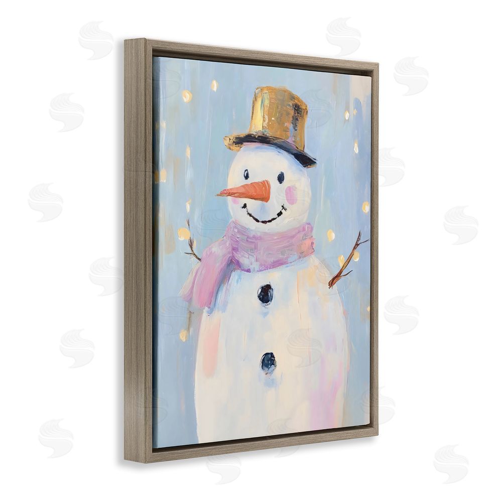 The Prints Vibe Cheerful Pastel Snowman Brown Floating Frame Stretched Canvas Wall Art Print