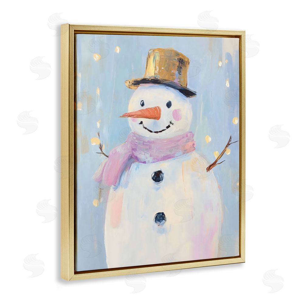The Prints Vibe Cheerful Pastel Snowman Gold Floating Frame Stretched Canvas Wall Art Print