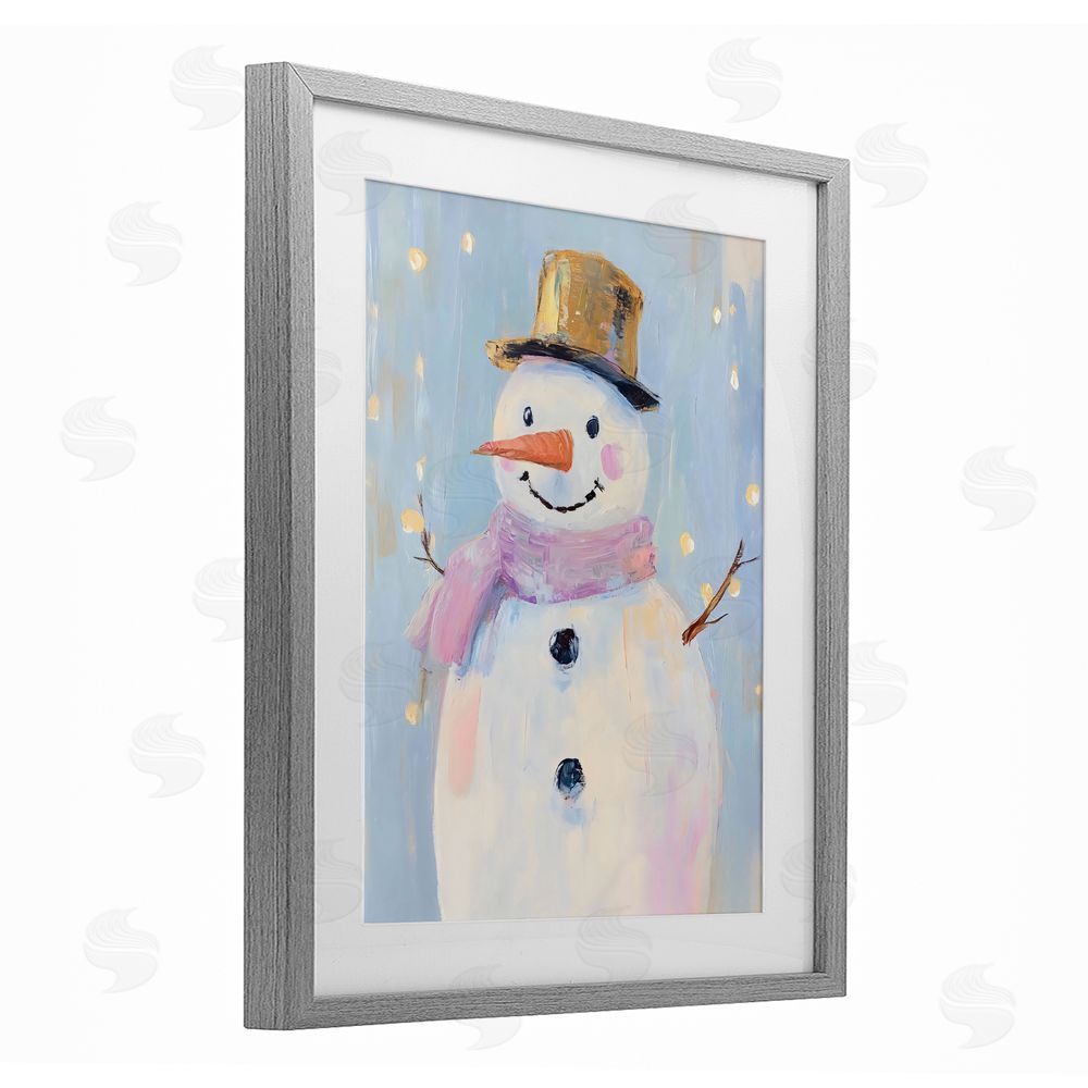 The Prints Vibe Cheerful Pastel Snowman Gray Framed Print Under Glass with Matting Wall Art