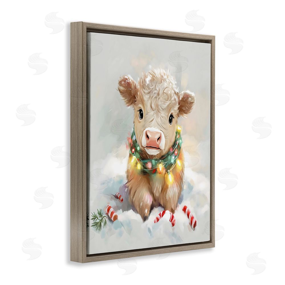The Prints Vibe Christmas Highland Cow with Lights Brown Floating Frame Canvas Wall Art Print