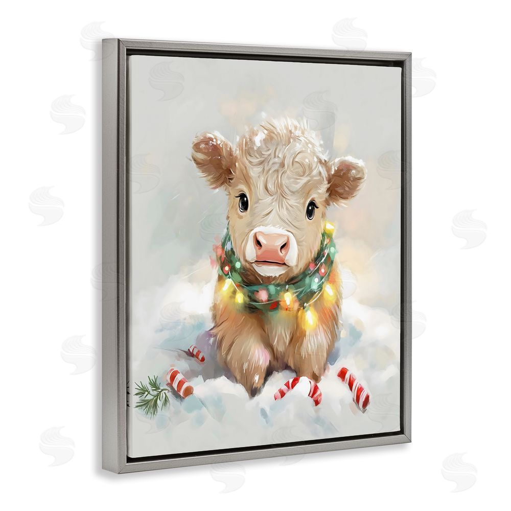 The Prints Vibe Christmas Highland Cow with Lights Gray Floating Frame Canvas Wall Art Print