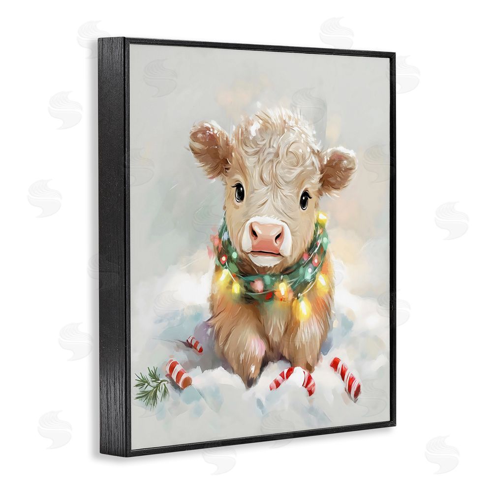 The Prints Vibe Christmas Highland Cow with Lights Black Framed Giclee Wall Art Print