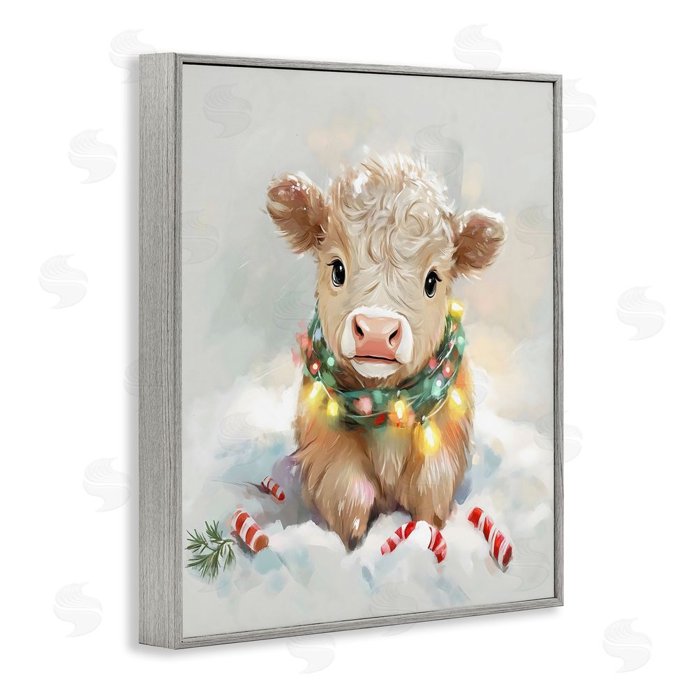 The Prints Vibe Christmas Highland Cow with Lights Gray Framed Giclee Wall Art Print
