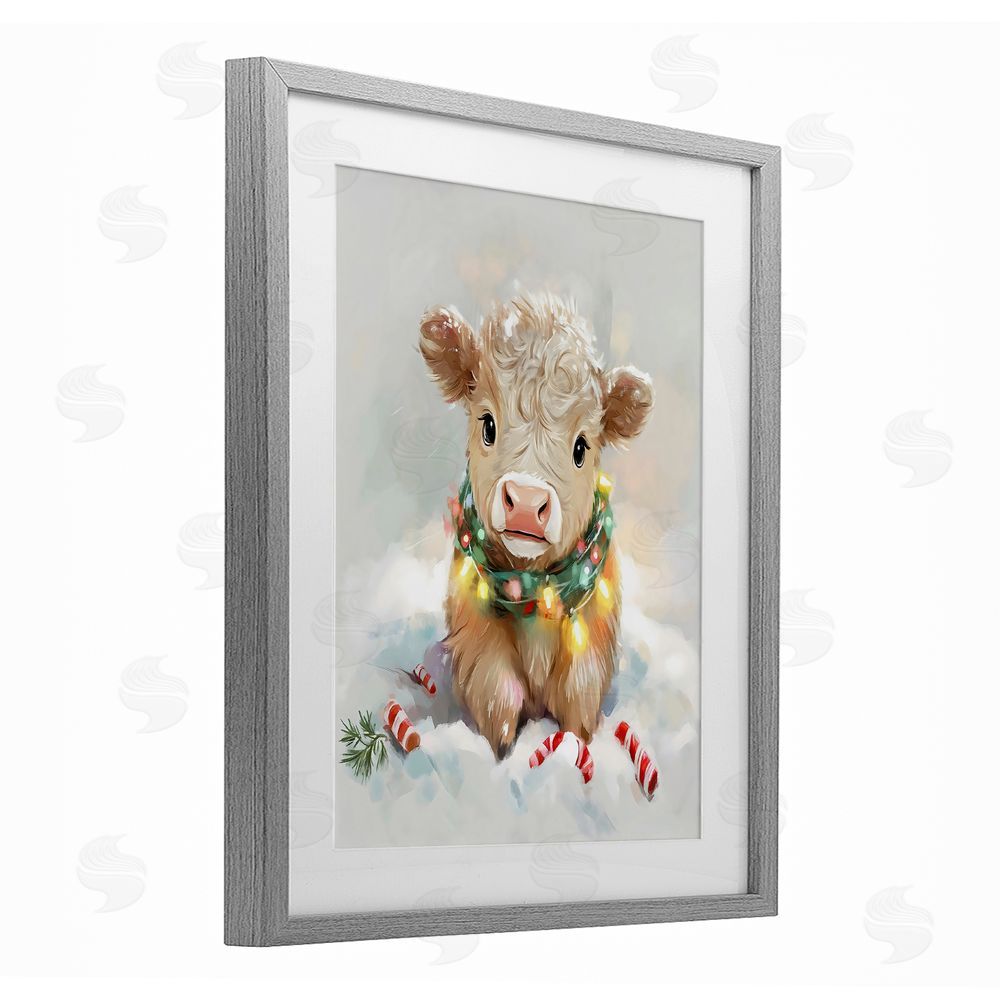 The Prints Vibe Christmas Highland Cow with Lights Gray Framed Print Under Glass Wall Art
