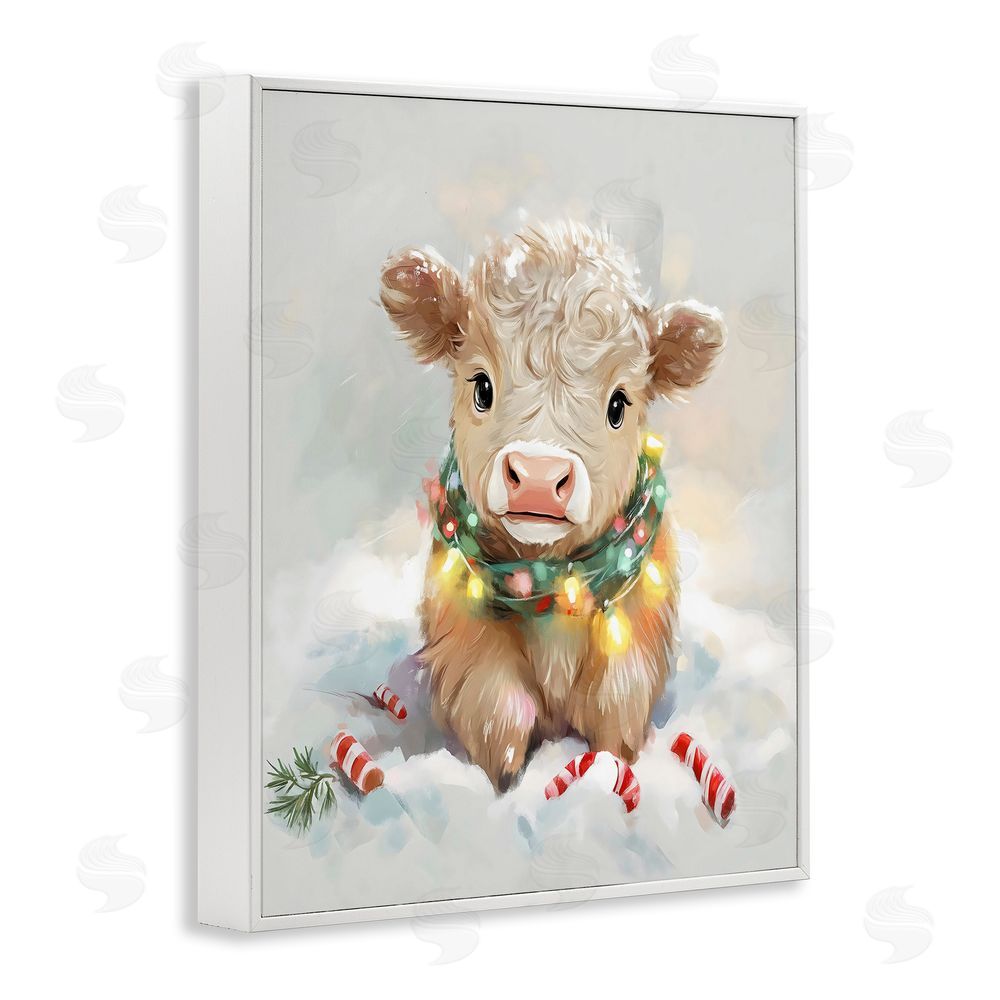 The Prints Vibe Christmas Highland Cow with Lights White Framed Giclee Wall Art Print