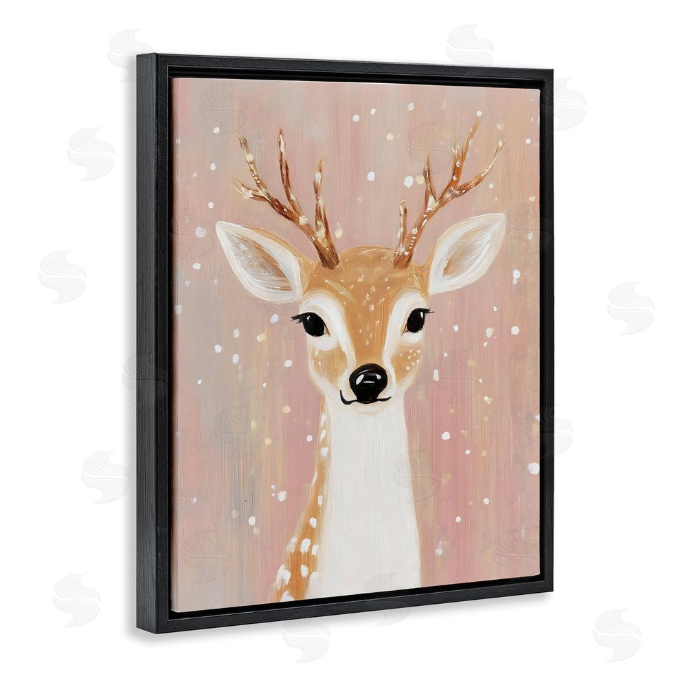 The Prints Vibe Blush Pink Deer with Snowflakes Black Floating Frame Stretched Canvas Wall Art Print