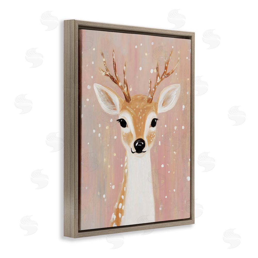 The Prints Vibe Blush Pink Deer with Snowflakes Brown Floating Frame Stretched Canvas Wall Art Print